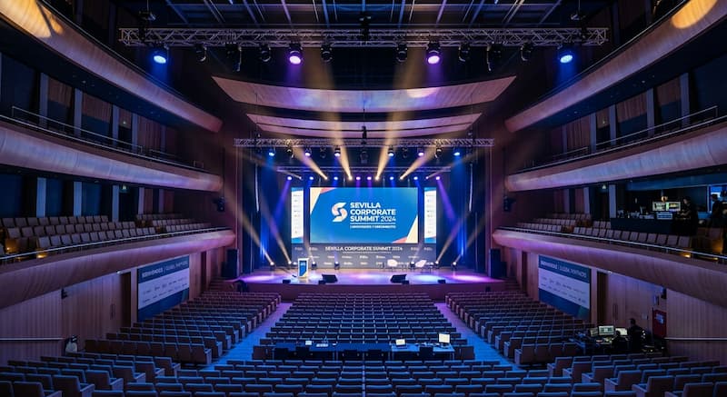 Auditorio moderno en Sevilla preparado para un evento corporativo con iluminación profesional