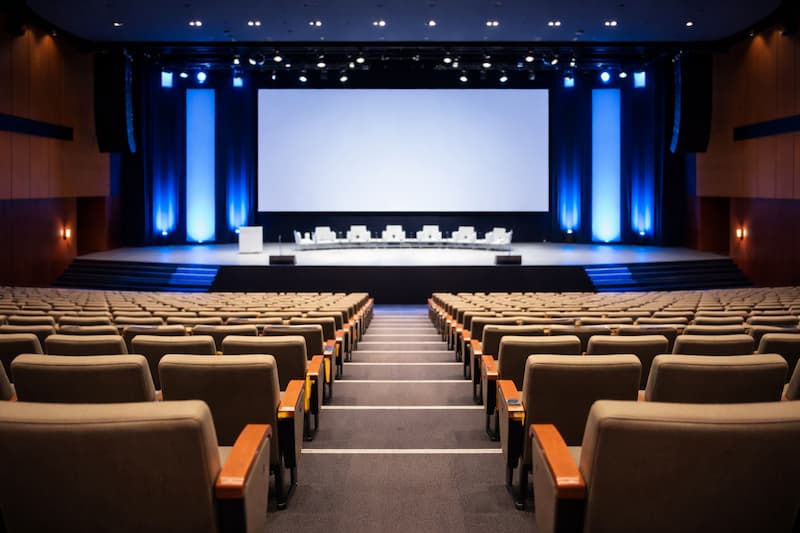 Auditorio Cartuja preparado para una sesión plenaria corporativa con butacas escalonadas e iluminación profesional
