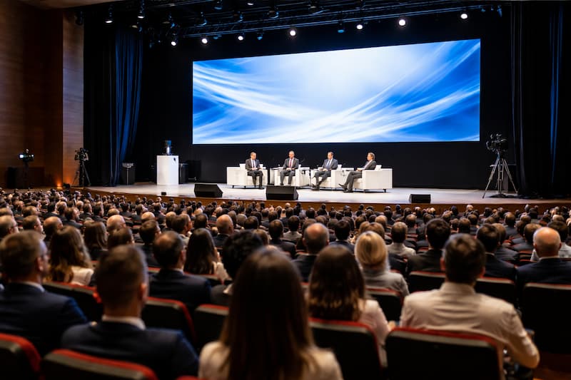 Reunión corporativa en el auditorio principal de Auditorio Cartuja en Sevilla con producción audiovisual profesional