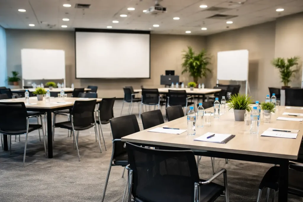 Sala para eventos de empresa con disposición flexible de mesas y equipamiento audiovisual