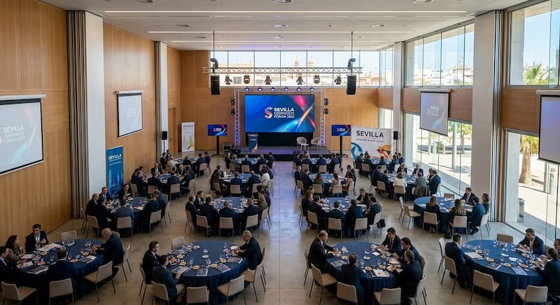 Sala modular para eventos corporativos en Sevilla con mesas redondas y equipamiento audiovisual
