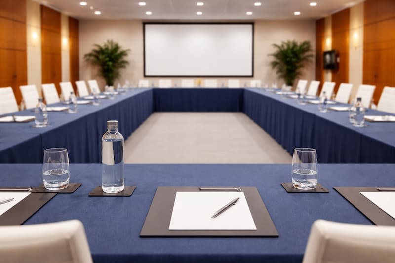 Sala Oasis del Auditorio Cartuja preparada para una reunión de empresa en Sevilla con configuración en herradura